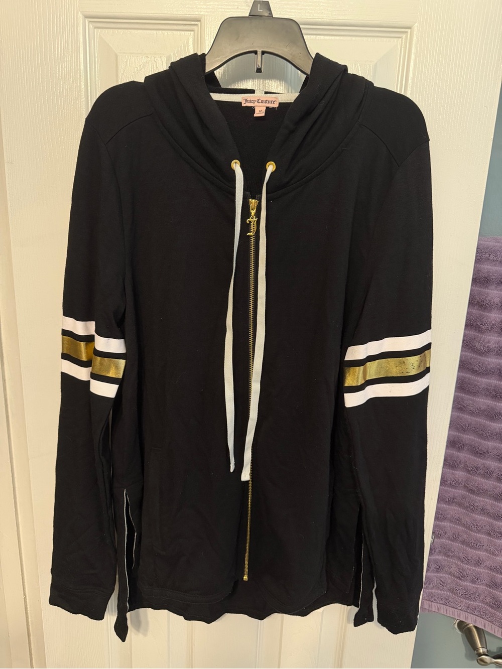 Juicy Couture Black Hoodie with White and Gold Sleeve Stripes